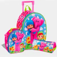 Pack escolar mediano de Pocoyo con maleta de ruedas EVA 3D, lonchera térmica y cartuchera original.