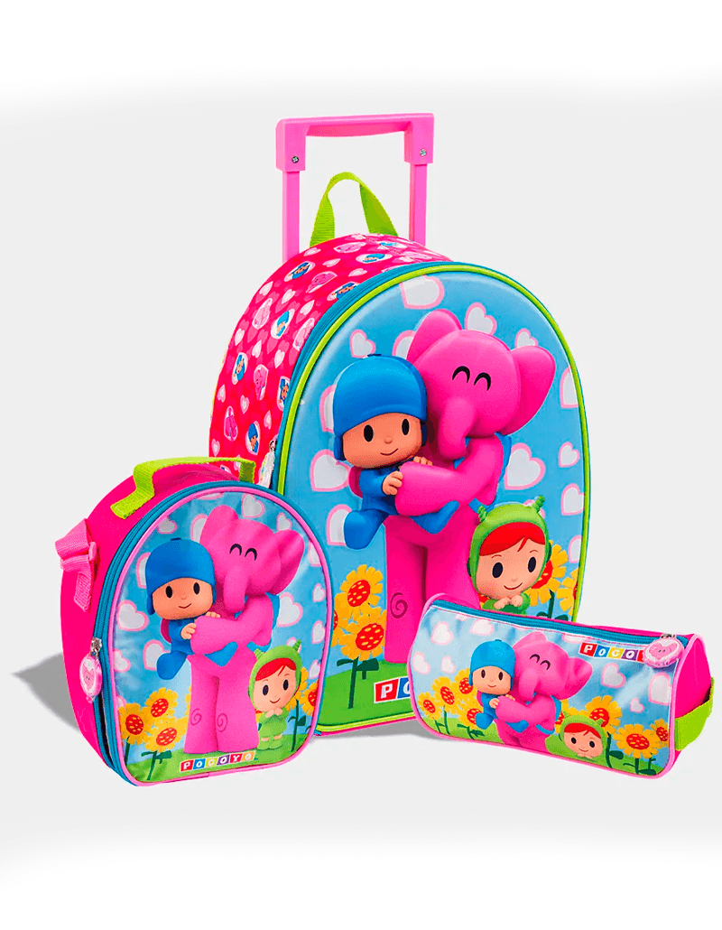 Pack escolar mediano de Pocoyo con maleta de ruedas EVA 3D, lonchera térmica y cartuchera original. Pack escolar mediano de Pocoyo con maleta de ruedas EVA 3D, lonchera térmica y cartuchera original.