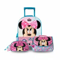 Pack escolar de Minnie Mouse con mochila de ruedas, lonchera térmica floral y cartuchera rosa original.