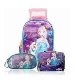 Pack de maleta premium Frozen con mochila de ruedas púrpura, lonchera térmica de Elsa y cartuchera original de Disney.