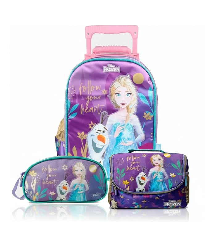 pack-maleta-premium-frozen-elsa-olaf-original-peru Pack de maleta premium Frozen con mochila de ruedas púrpura, lonchera térmica de Elsa y cartuchera original de Disney.