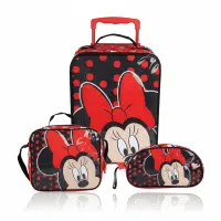 Pack de maleta premium Minnie Mouse con mochila de ruedas roja, lonchera térmica de lunares y cartuchera original de Disney.