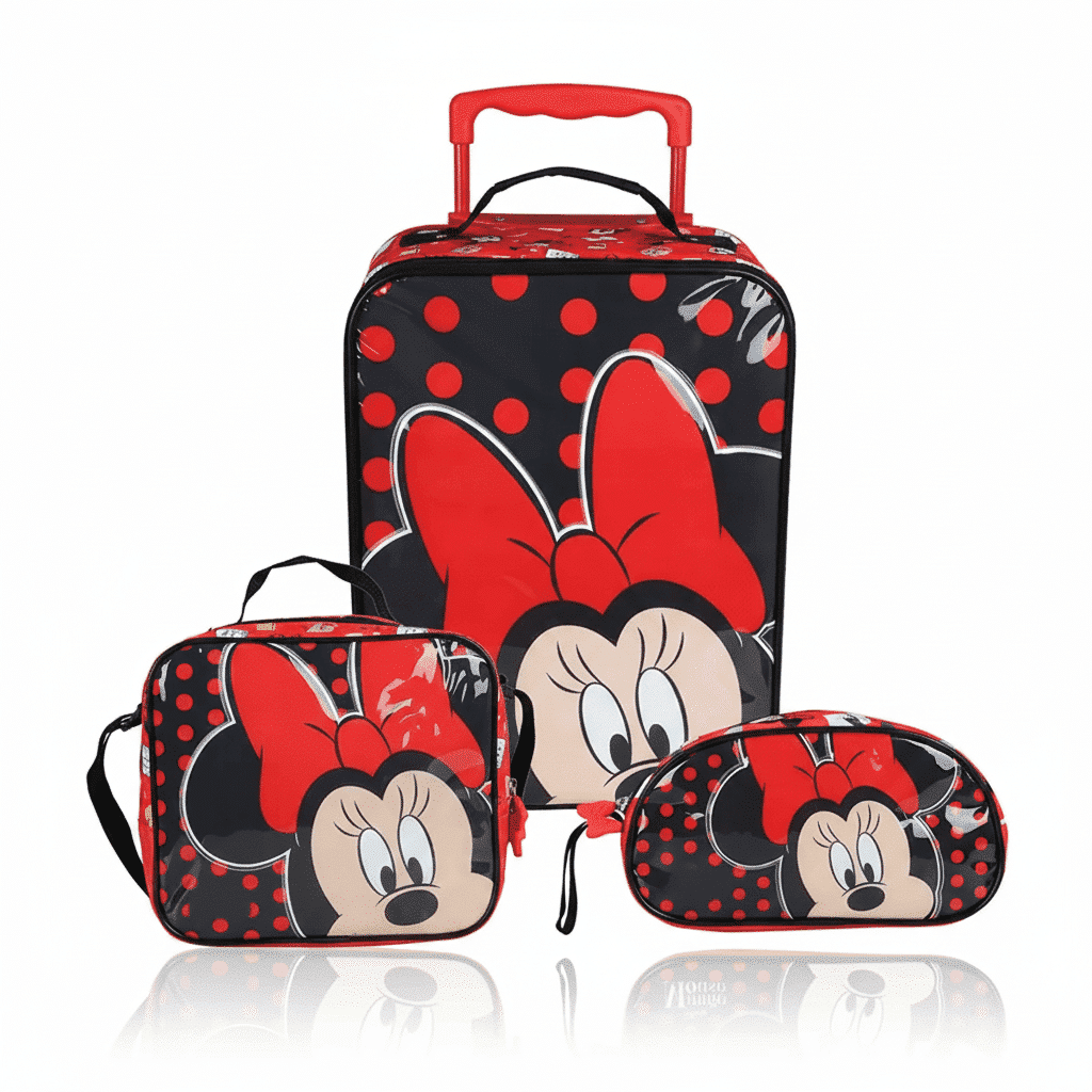 pack-maleta-premium-minnie-mouse-red-polka-dot-peru Pack de maleta premium Minnie Mouse con mochila de ruedas roja, lonchera térmica de lunares y cartuchera original de Disney.