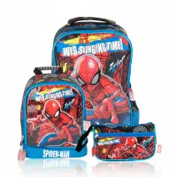 Pack escolar premium de Spiderman con mochila de ruedas azul y rojo, lonchera térmica y cartuchera oficial de Marvel.