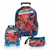 Set escolar premium de Spiderman con mochila de ruedas azul y rojo, lonchera térmica y cartuchera original de Marvel.