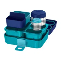 Lonchera modular Thermos azul para niños con contenedores de 236ml y 59ml, diseño libre de BPA para el colegio.
