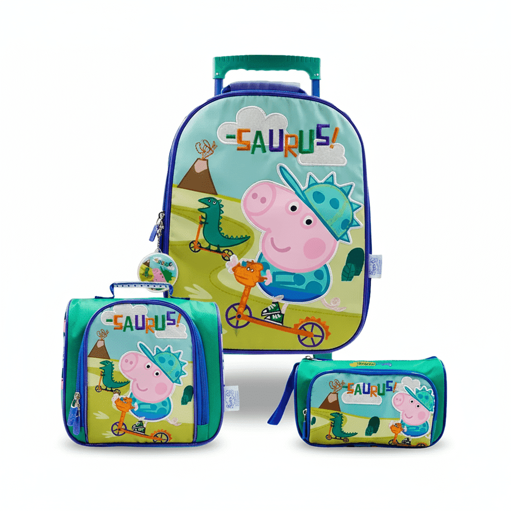 pack-escolar-nido-george-pig-saurus-premium-peru Pack escolar nido de George Pig con mochila de ruedas verde, lonchera térmica y cartuchera original.