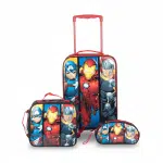 Pack escolar de los Avengers con mochila de ruedas roja, lonchera térmica de superhéroes y cartuchera original.