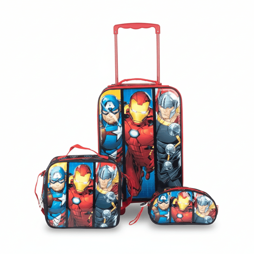 Gemini_Generated_Image_qxji8tqxji8tqxji Pack escolar de los Avengers con mochila de ruedas roja, lonchera térmica de superhéroes y cartuchera original.