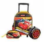 Set escolar de Cars Rayo McQueen con mochila de ruedas, lonchera de llanta y cartuchera original.