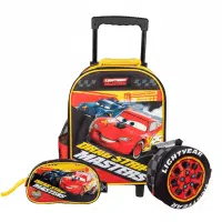 Set escolar de Cars Rayo McQueen con mochila de ruedas, lonchera de llanta y cartuchera original.
