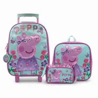 Set escolar premium de Peppa Pig con mochila de ruedas turquesa, lonchera térmica lila y cartuchera de lentejuelas original.