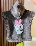 Chaleco Minnie para niñas en franela jaspeada Vista trasera del chaleco Minnie con estampado Chaleco exclusivo Minnie Mouse para niñas Detalle del estampado frontal Minnie Niña usando chaleco gris jaspeado Minnie