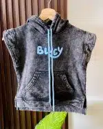 Chaleco infantil Bluey, Chaleco de franela para niños, Chaleco de personaje animado, Prenda Bluey para niña o niño, Chaleco abrigador Bluey, Chaleco con estampado de Bluey, Ropa exclusiva Bluey, Chaleco gris jaspeado infantil, Chaleco de colección Bluey, Chaleco unisex para niños