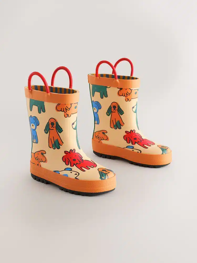 botas-agua-naranja-perritos-ninos Botas de agua con asa color naranja con perritos para niños, diseño exclusivo y calidad premium