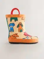 Botas de agua con asa color naranja con perritos para niños, diseño exclusivo y calidad premium