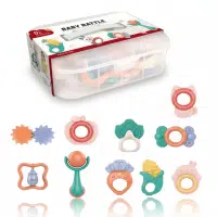Set de 10 sonajeros y mordedores de colores para bebé, en práctico taper organizador, ideales para estimular el desarrollo motor