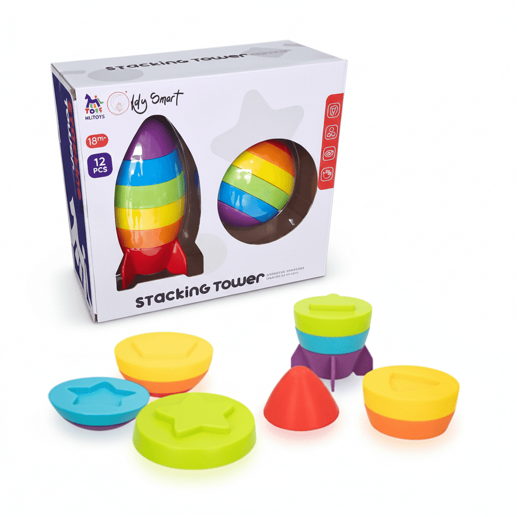 cohete-didactico-apilable-bebe-2-torres. Juego de Cohete Didáctico Apilable Bebé de 2 torres (cohete y bola) con piezas de colores para clasificación y encaje.