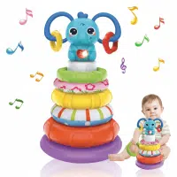 Torre apilable de encaje tipo Montessori con anillos de colores, base oscilante y aro de cascabel, juguete libre de BPA para bebés