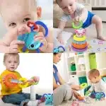 Torre apilable de encaje tipo Montessori con anillos de colores, base oscilante y aro de cascabel, juguete libre de BPA para bebés