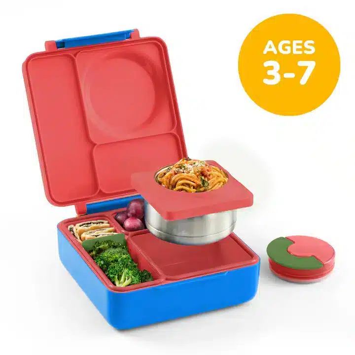 Lonchera bento OmieBox azul y rojo con termo integrado Lonchera bento OmieBox azul y rojo con termo integrado