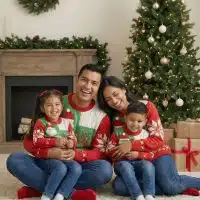 chompa navideña familiar roja con diseño de papá noel y renito
