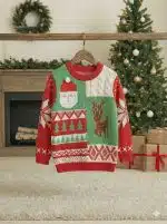 chompa navideña familiar roja con diseño de papá noel y renito