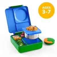 OmieBox lonchera térmica color azul y verde con termo integrado en La Mirilla Kids Perú