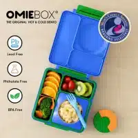 OmieBox lonchera térmica color azul y verde con termo integrado en La Mirilla Kids Perú