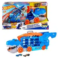 Pista Hot Wheels remolque T-Rex con lanzador y función come autos