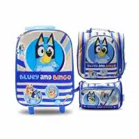 Pack escolar premium de Bluey y Bingo Mochila con ruedas azul, lonchera y cartuchera original para niños en La Mirilla Kids