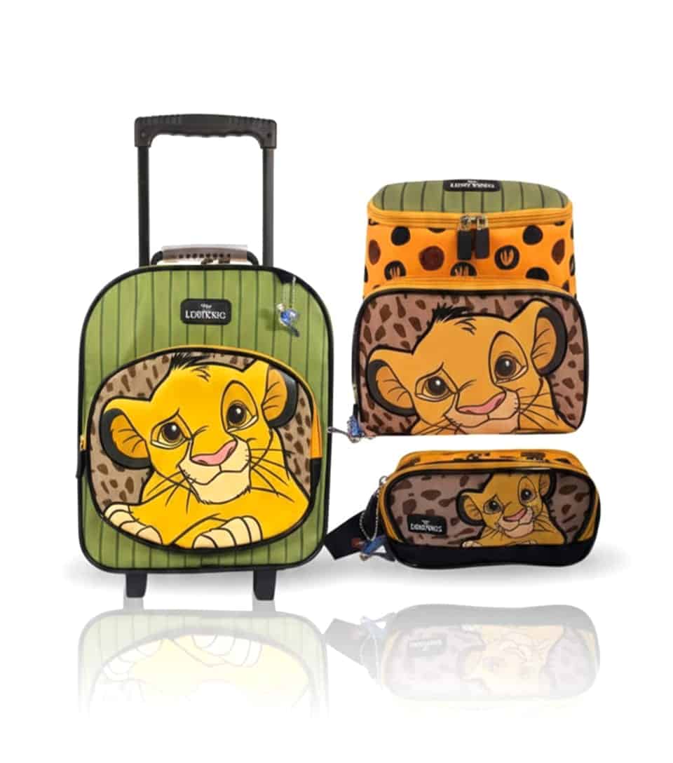 coleccion-escolar-simba-original-maleta-ruedas-peru Colección escolar Simba original con maleta de ruedas verde y naranja, lonchera térmica y cartuchera premium de El Rey León.