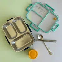 Lonchera de acero verde con amarillo con 3 compartimentos y cierre antiderrame La Mirilla Kids
