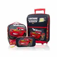 Pack escolar de Cars con maleta de ruedas Rayo McQueen original, lonchera térmica y cartuchera en color negro y rojo.
