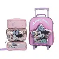 Pack escolar premium Minnie Mouse Celestial Dreamer con maleta de ruedas tornasolada, lonchera y cartuchera en La Mirilla Kids.