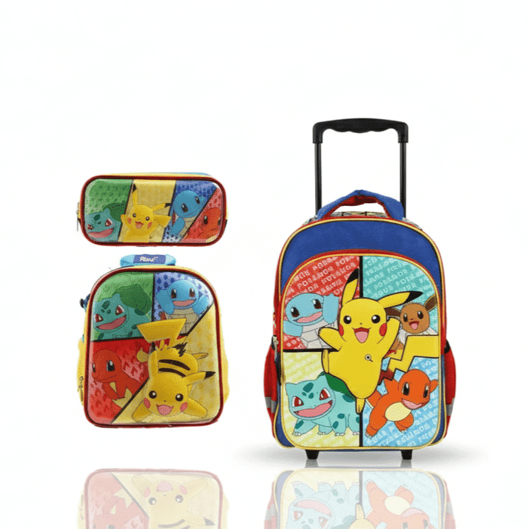 maleta-de-pokemon-original-premium-ruedas-pikachu-peru Pack escolar de Pokémon original con maleta de ruedas premium, lonchera térmica y cartuchera de Pikachu y amigos.