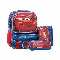 Pack escolar premium de Cars con mochila de espalda del Rayo McQueen, lonchera y cartuchera original de Disney.