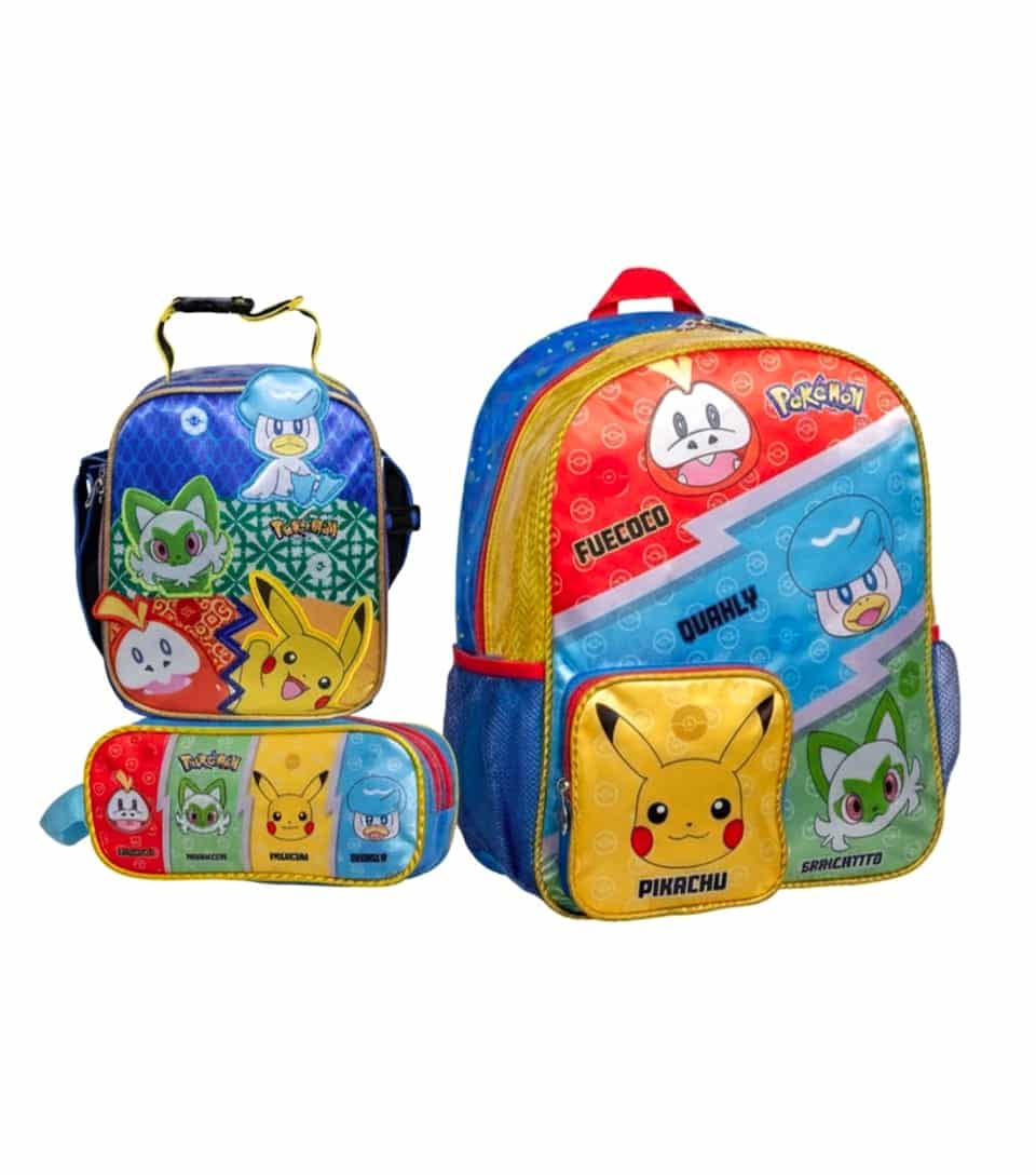mochila-de-pokemon-original-premium-pack-escolar-peru Pack escolar de mochila de Pokémon original con diseño de Pikachu, Fuecoco, Quaxly y Sprigatito, incluye lonchera y cartuchera.