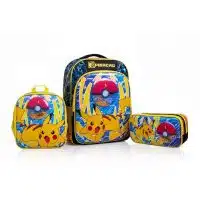 Pack escolar de mochila de Pokémon original con diseño de Pikachu y personajes de Paldea, incluye lonchera térmica y cartuchera.
