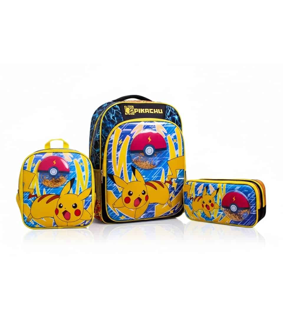 mochila-de-pokemon-original-premium-pikachu-peru Pack escolar de mochila de Pokémon original con diseño de Pikachu y personajes de Paldea, incluye lonchera térmica y cartuchera.