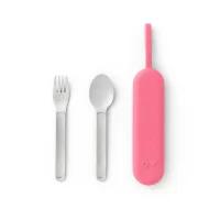 Set de cubiertos de acero inoxidable con estuche UP Pod rosado para lonchera OmieBox UP