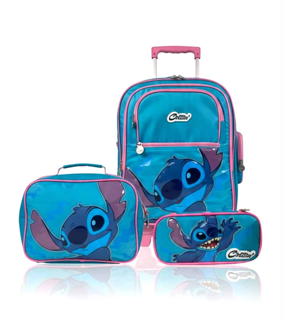 pack-maleta-premium-stitch-disney-celeste-peru Pack escolar premium de Stitch con maleta de ruedas turquesa, lonchera térmica y cartuchera original de Disney.