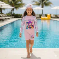 Ropa de baño enterizo Huntrix rosa para niñas con protección solar UV50+ y gorro de regalo