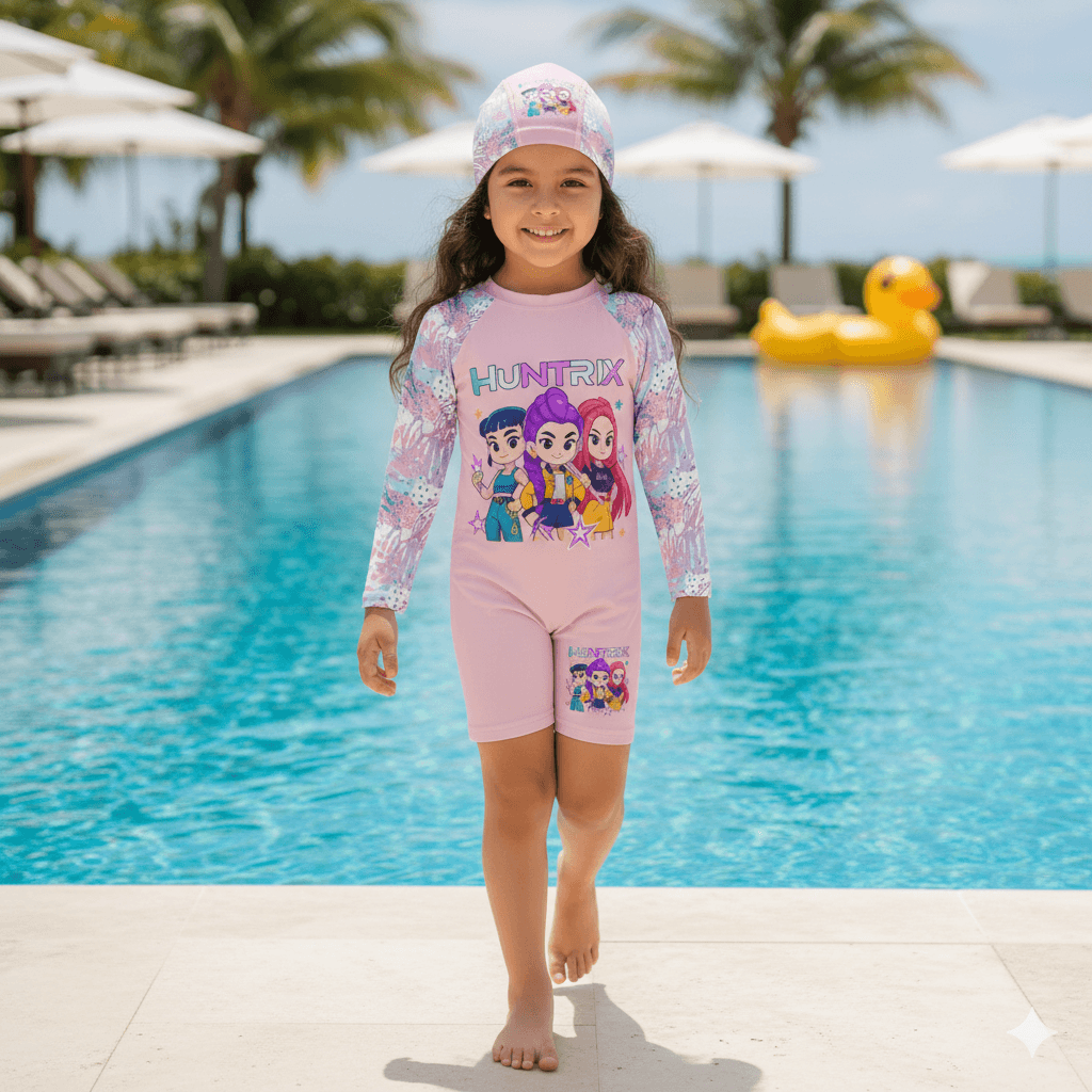 ropa-de-bano-enterizo-huntrix-rosa-proteccion-uv50-la-mirilla-kids (2) Ropa de baño enterizo Huntrix rosa para niñas con protección solar UV50+ y gorro de regalo