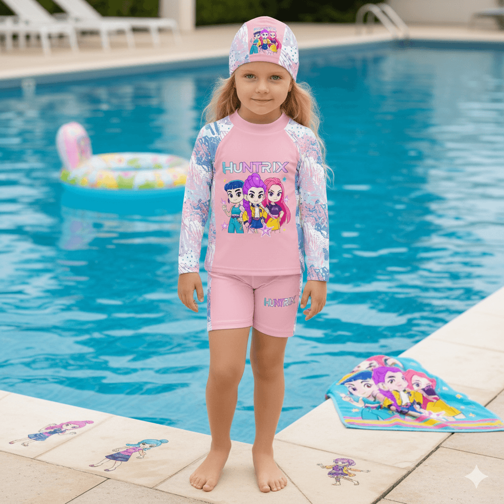 ropa-de-bano-huntrix-melon-ninas-proteccion-uv50-peru Niña usando la ropa de baño Huntrix melón de dos piezas con protección UV50+, polo manga rangla y gorro de natación.