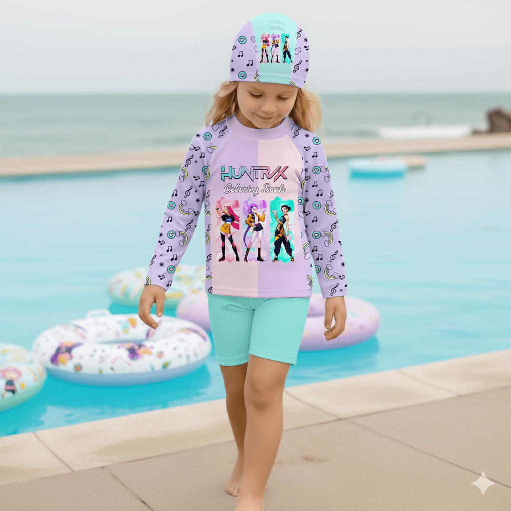 ropa-de-bano-huntrix-morada-ninas-proteccion-uv50-peru.jpg Niña luciendo ropa de baño Huntrix morada de dos piezas con protección solar UV50+, polo manga rangla y gorro de natación.