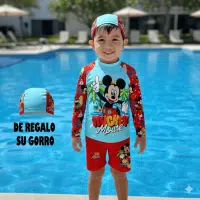 Ropa de baño de dos piezas Mickey Mouse para niños con protección solar UV50+ y gorro de regalo