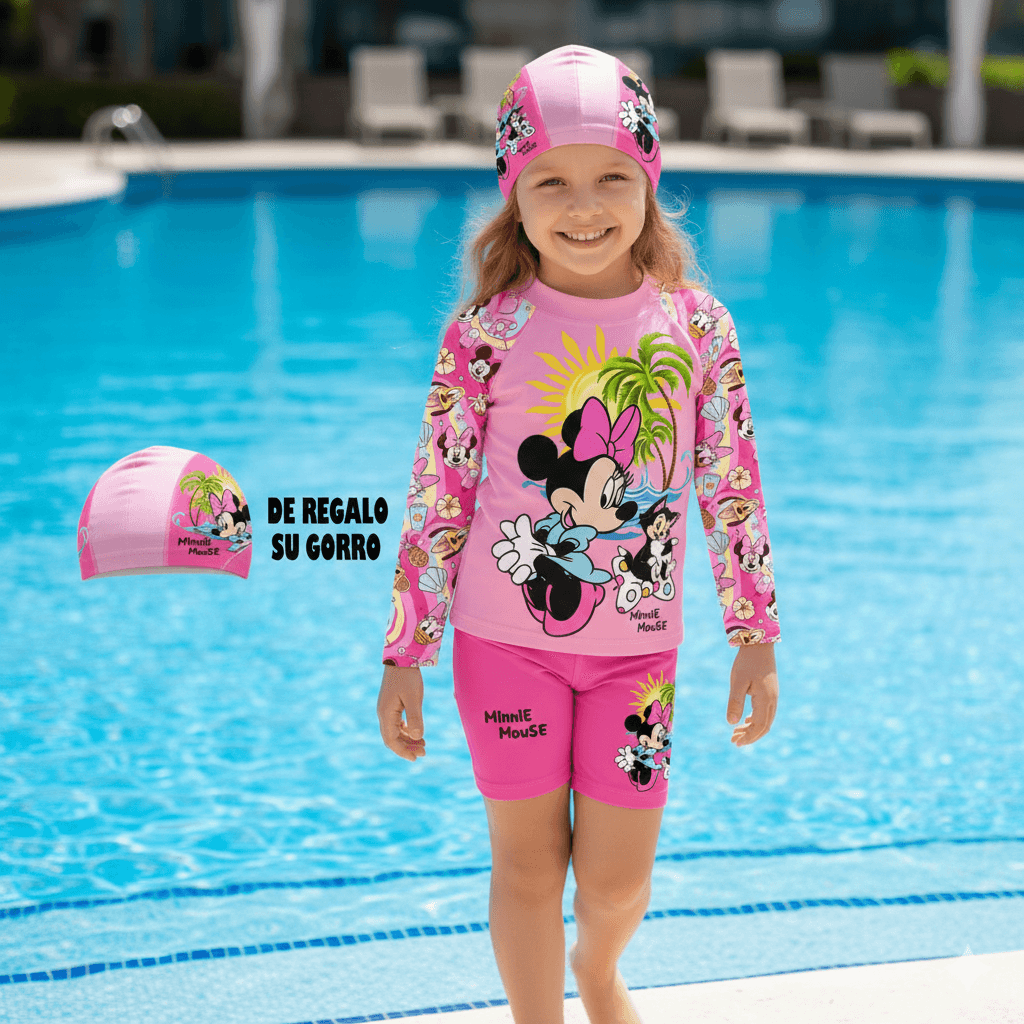 ropa-de-baño-minnie-proteccion-uv-niñas-la-mirilla-kids Ropa de baño de dos piezas Minnie Mouse para niñas con protección solar UV50+ y gorro de regalo