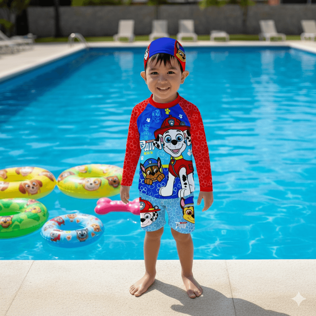 ropa-de-bano-paw-patrol-ninos-proteccion-uv50-la-mirilla-kids Niño usando ropa de baño Paw Patrol de dos piezas con Marshall, protección UV50+ y gorro de natación en La Mirilla Kids.