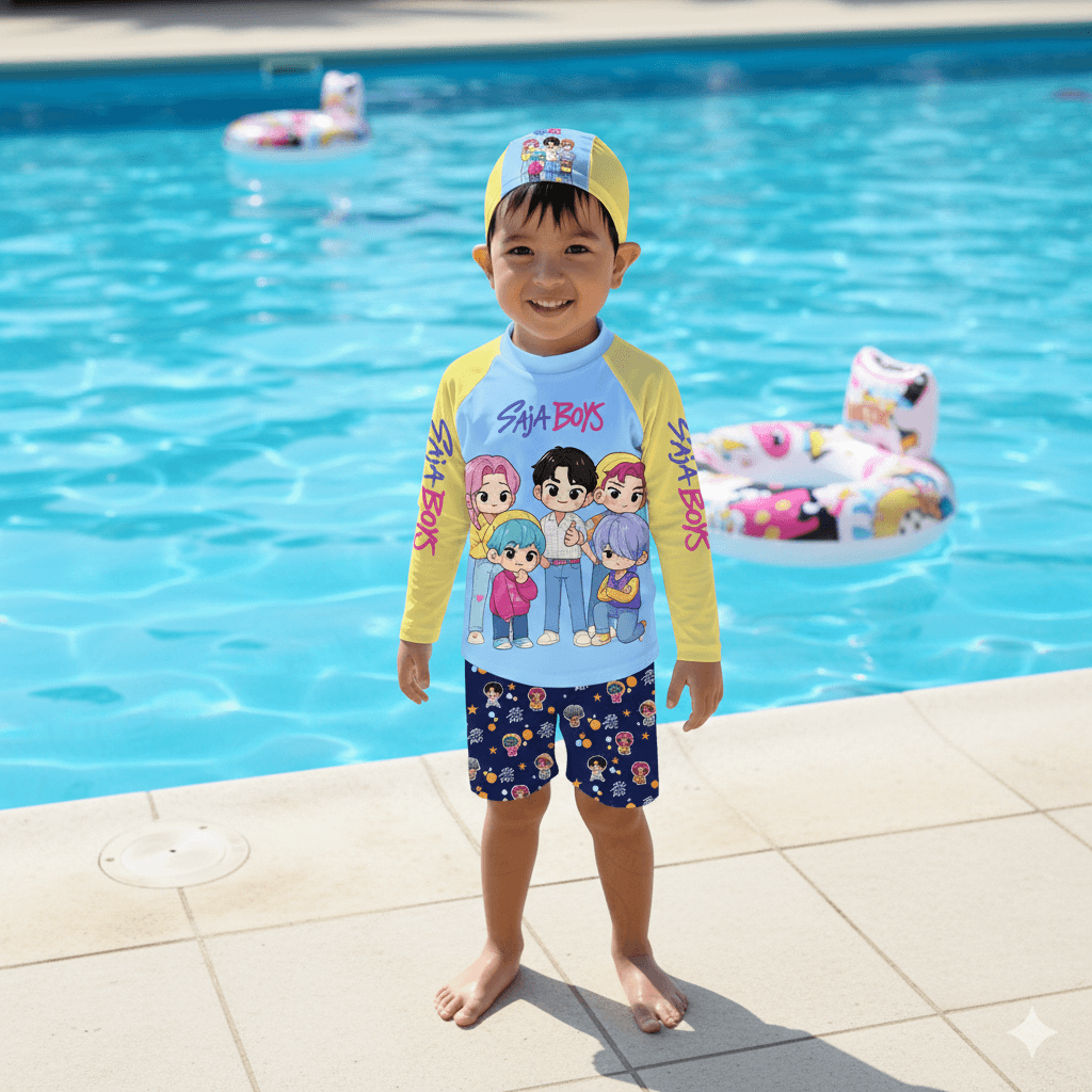 ropa-de-bano-saja-boys-para-ninos-proteccion-uv50-lamirilla Niño usando ropa de baño Saja Boys de dos piezas en licra brasilera con protección UV50+ y gorro de piscina a juego.